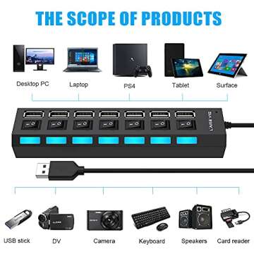 Multi Port Splitter, 7 Port USB 2.0 Hub, USB A Port Data Hub with Independent On/Off Switch and LED ...