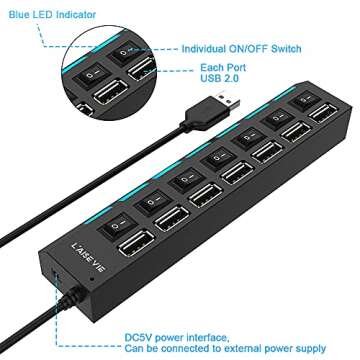 Multi Port Splitter, 7 Port USB 2.0 Hub, USB A Port Data Hub with Independent On/Off Switch and LED Indicators, Lights for Laptop, PC, Computer, Mobile HDD, Flash Drive and More (Black 2.0)
