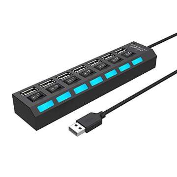 Multi Port Splitter, 7 Port USB 2.0 Hub, USB A Port Data Hub with Independent On/Off Switch and LED Indicators, Lights for Laptop, PC, Computer, Mobile HDD, Flash Drive and More (Black 2.0)