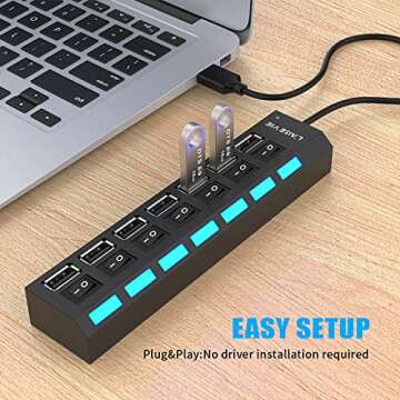 Multi Port Splitter, 7 Port USB 2.0 Hub, USB A Port Data Hub with Independent On/Off Switch and LED Indicators, Lights for Laptop, PC, Computer, Mobile HDD, Flash Drive and More (Black 2.0)