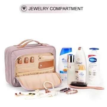 Travel Hanging Toiletry Bag for Women, with Jewelry Organizer Compartment, Medium Waterproof Hanging Makeup Accessories, Cosmetic Essentials, Toiletries Dopp Kit Set with Trolley Belt, Baby Pink
