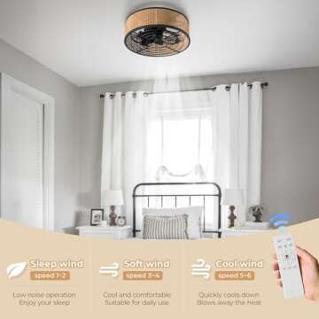 shitougu 20 Inch Boho Flush Mount Ceiling Fan with Light Remote Control, Rattan Ceiling Fan with Light, Caged Enclosed 6 Speeds for Bedroom Kitchen Living Room