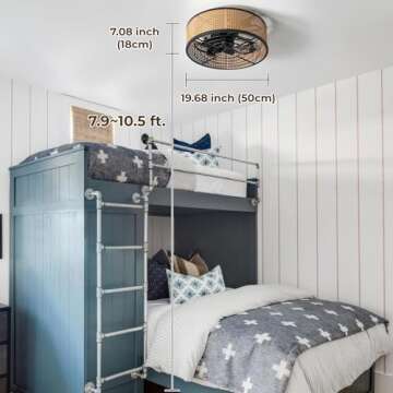 shitougu 20 Inch Boho Flush Mount Ceiling Fan with Light Remote Control, Rattan Ceiling Fan with Light, Caged Enclosed 6 Speeds for Bedroom Kitchen Living Room