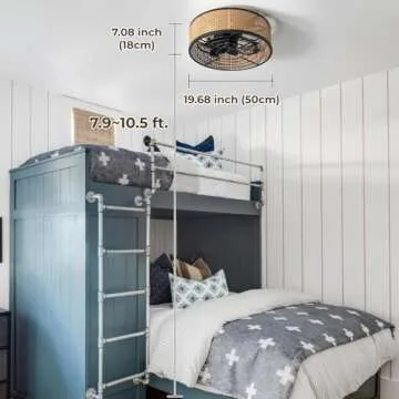 shitougu 20 Inch Boho Flush Mount Ceiling Fan with Light Remote Control, Rattan Ceiling Fan with Light, Caged Enclosed 6 Speeds for Bedroom Kitchen Living Room