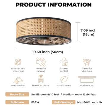 shitougu 20 Inch Boho Flush Mount Ceiling Fan with Light Remote Control, Rattan Ceiling Fan with Light, Caged Enclosed 6 Speeds for Bedroom Kitchen Living Room