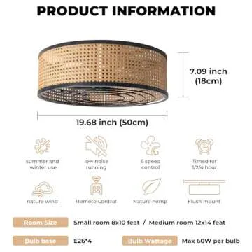 shitougu 20 Inch Boho Flush Mount Ceiling Fan with Light Remote Control, Rattan Ceiling Fan with Light, Caged Enclosed 6 Speeds for Bedroom Kitchen Living Room