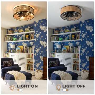 shitougu 20 Inch Boho Flush Mount Ceiling Fan with Light Remote Control, Rattan Ceiling Fan with Light, Caged Enclosed 6 Speeds for Bedroom Kitchen Living Room