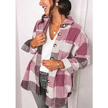 PRETTYGARDEN Women's Fall Clothes Plaid Shacket Jacket Trendy Casual Long Sleeve Button Down Flannel Shirts Fashion Blouse(Plaid Red,Large)