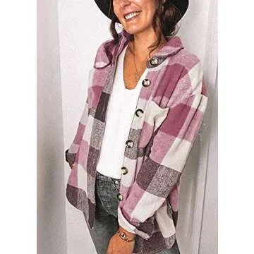PRETTYGARDEN Women's Fall Clothes Plaid Shacket Jacket Trendy Casual Long Sleeve Button Down Flannel Shirts Fashion Blouse(Plaid Red,Large)