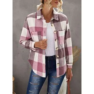 PRETTYGARDEN Women's Fall Clothes Plaid Shacket Jacket Trendy Casual Long Sleeve Button Down Flannel Shirts Fashion Blouse(Plaid Red,Large)