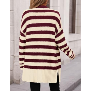 PRETTYGARDEN Women's Winter Striped Cardigan Sweaters Long Sleeve Button Down Open Front Chunky Knit Oversized Sweater Coat (Striped Beige Wine Red,Small)