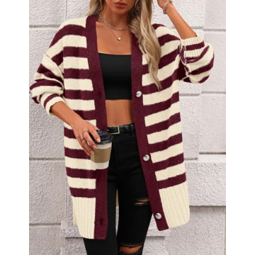 PRETTYGARDEN Women's Winter Striped Cardigan Sweaters Long Sleeve Button Down Open Front Chunky Knit Oversized Sweater Coat (Striped Beige Wine Red,Small)