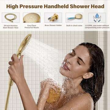 Gabrylly Gold Shower System, Shower Faucet Set with Pressure Balance Shower Valve, 10 Inch Gold Shower Heads with 5-Setting handheld Spray Combo, High Pressure Shower Fixtures, Brushed Gold