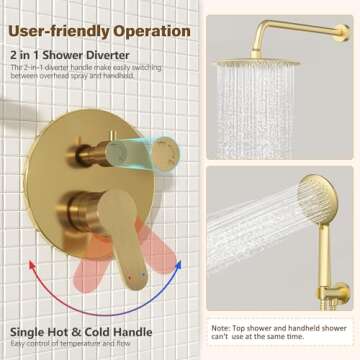 Gabrylly Gold Shower System, Shower Faucet Set with Pressure Balance Shower Valve, 10 Inch Gold Shower Heads with 5-Setting handheld Spray Combo, High Pressure Shower Fixtures, Brushed Gold