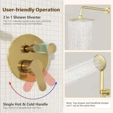 Gabrylly Gold Shower System, Shower Faucet Set with Pressure Balance Shower Valve, 10 Inch Gold Shower Heads with 5-Setting handheld Spray Combo, High Pressure Shower Fixtures, Brushed Gold