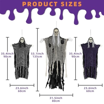 Kendane Halloween Decorations Outdoor and Indoor,3PCS Scary Hanging Ghosts,Halloween Grim Reaper Ske...