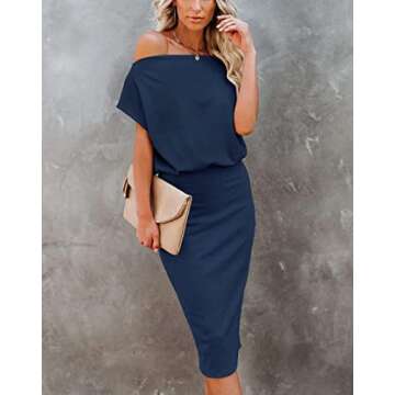 Ezbelle Women's Off The Shoulder Ribbed Casual Midi Dress - Navy Blue