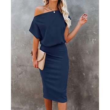 Ezbelle Women's Off Shoulder Bodycon Midi Dress - Navy Blue