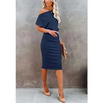 Ezbelle Women's Off Shoulder Bodycon Midi Dress - Navy Blue