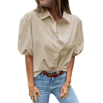 Tankaneo Women's Button Down Shirts Short Puff Sleeve Collared Dressy Casual Blouse Tops Light Khaki