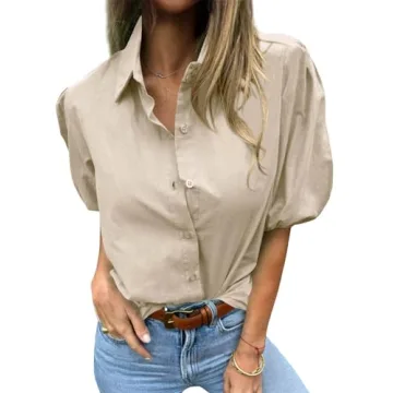 Tankaneo Women's Button Down Shirts Short Puff Sleeve Collared Dressy Casual Blouse Tops Light Khaki