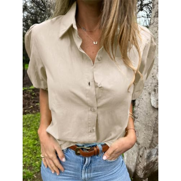 Tankaneo Women's Button Down Shirts Short Puff Sleeve Collared Dressy Casual Blouse Tops Light Khaki