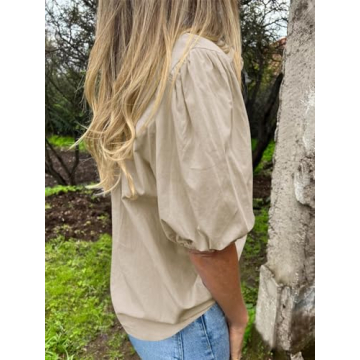 Tankaneo Women's Button Down Shirts Short Puff Sleeve Collared Dressy Casual Blouse Tops Light Khaki
