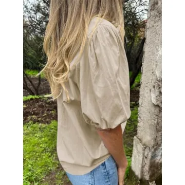 Tankaneo Women's Button Down Shirts Short Puff Sleeve Collared Dressy Casual Blouse Tops Light Khaki