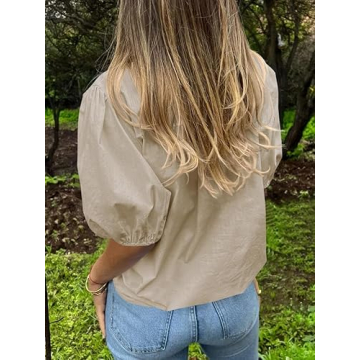 Tankaneo Women's Button Down Shirts Short Puff Sleeve Collared Dressy Casual Blouse Tops Light Khaki