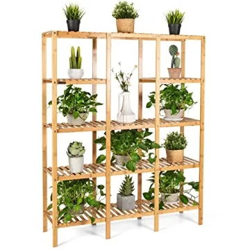 COSTWAY Plant Stand Indoor, 5-Tier Bamboo Plant Display Organizer with Stand for Multiple Plants, Pl...
