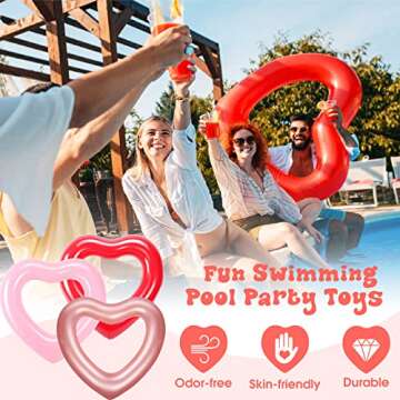 Zhanmai 3 Pcs Inflatable Heart Pool Float 47.3 x 39.4 Inch Swim Heart Shaped Pool Rings for Adults W...