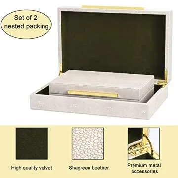 SYYSY Ivory Shagreen box Faux Leather Set of 2 Decorative Boxes,Large Stacking Storage Decorative Boxes with Lids for Modern Home Decor Jewelry Box Organizer