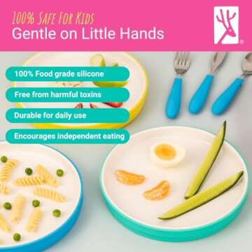 Elk and Friends Kids 7.8” Porcelain White Plates with Silicone Sleeves | Suitable for Kids/Toddlers | Microwave & Dishwasher Safe | Non Slip | Snack Dishes