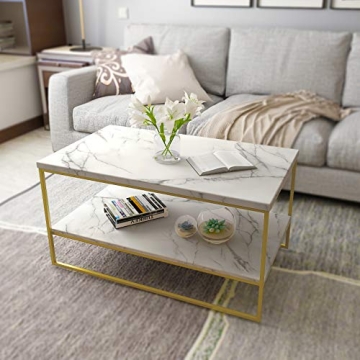 Faux Marble Coffee Table with Gold Metal Frame and Storage