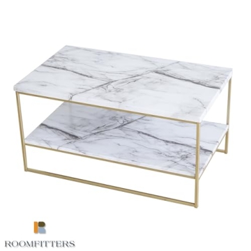 Faux Marble Coffee Table with Gold Metal Frame and Storage