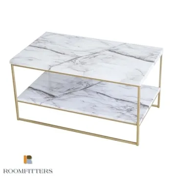 Faux Marble Coffee Table with Gold Metal Frame and Storage