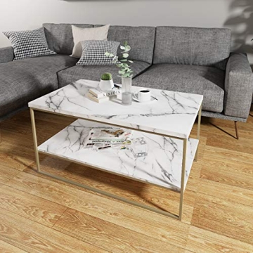 Faux Marble Coffee Table with Gold Metal Frame and Storage