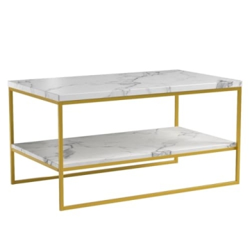 Faux Marble Coffee Table with Gold Metal Frame and Storage