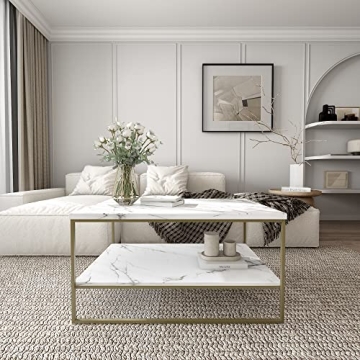 Faux Marble Coffee Table with Gold Metal Frame and Storage