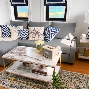 Faux Marble Coffee Table with Gold Metal Frame and Storage