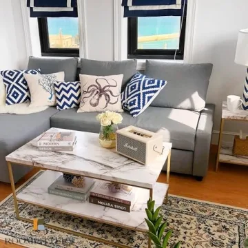 Faux Marble Coffee Table with Gold Metal Frame and Storage