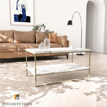 Faux Marble Coffee Table with Gold Metal Frame and Storage