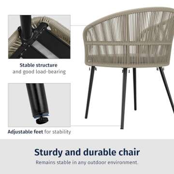 EAST OAK Breezeway 3-Piece Patio Bistro Set, Patio Chairs Bistro Set with 2 Wide Ergonomic Chairs, Cushions & Glass Top Side Table, Outdoor All-Weather Wicker Furniture for Balcony, Brown & Grey