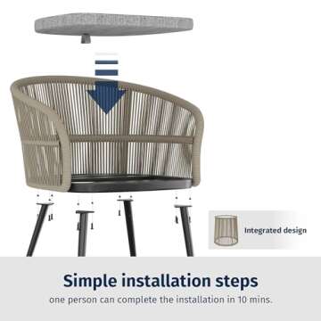 EAST OAK Breezeway 3-Piece Patio Bistro Set, Patio Chairs Bistro Set with 2 Wide Ergonomic Chairs, Cushions & Glass Top Side Table, Outdoor All-Weather Wicker Furniture for Balcony, Brown & Grey