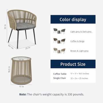 EAST OAK Breezeway 3-Piece Patio Bistro Set, Patio Chairs Bistro Set with 2 Wide Ergonomic Chairs, Cushions & Glass Top Side Table, Outdoor All-Weather Wicker Furniture for Balcony, Brown & Grey