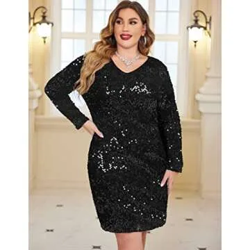IN'VOLAND Womens Sequin Dress Plus Size V Neck Party Cocktail Sparkle Glitter Evening Stretchy Mini Bodycon Dresses Black