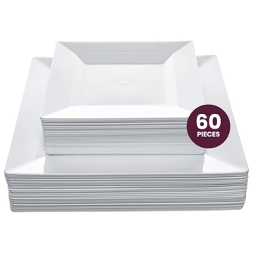 Aya's 60ct White Square Disposable Plates - Heavy Duty Plastic Party Plates for Christmas, Thanksgiv...