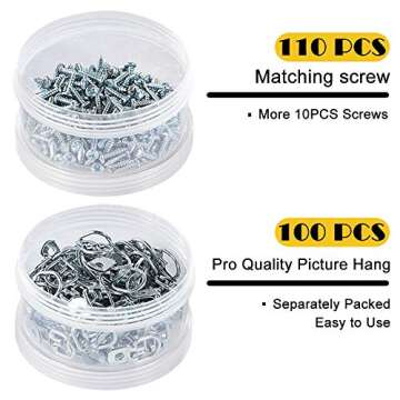 PINGKAN D Ring Picture Hangers with Screws,100 PCS Pro Quality Picture Hang and 110 PCS Screws and Convenient Plastic Box.