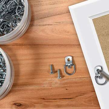 PINGKAN D Ring Picture Hangers with Screws,100 PCS Pro Quality Picture Hang and 110 PCS Screws and Convenient Plastic Box.