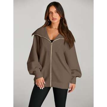 EFAN Womens Oversized Full Zipper Preppy Brown Sweatshirts Fall Jackets for Women Clothing Half Zip western Hoodies School Warm Winter Clothes for Teen Girls, Coffee